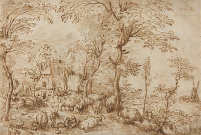 Parasztok és szarvasmarhák egy parasztház közelében, 1553-54 körül (toll és barna tinta papíron) alkotó: Pieter Bruegel the Elder