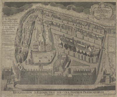 Gezicht op het Sint-Elisabethbegijnhof en de Sint-Elisabethkerk te Gent Szent Erzsébet Begginasium a genti prédikátorfivérek gondozásában 1234-ből (cím a tárgyon) alkotó: Pieter Wauters