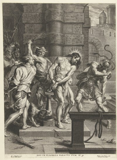Krisztus megkorbácsolása katonák által Ego in flagella paratus sum (cím a tárgyon) alkotó: Pieter de Bailliu (I)