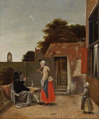Egy férfi dohányzik és egy nő iszik az udvaron, 1658-60 körül alkotó: Pieter de Hooch