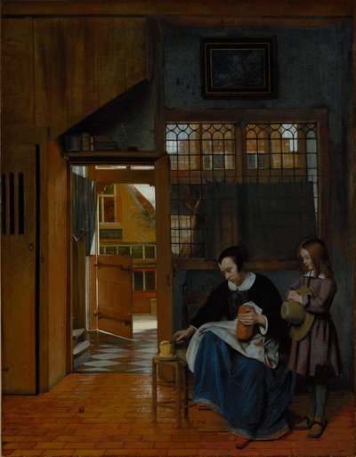 Kenyeret és vajat készítő nő egy fiú számára alkotó: Pieter de Hooch