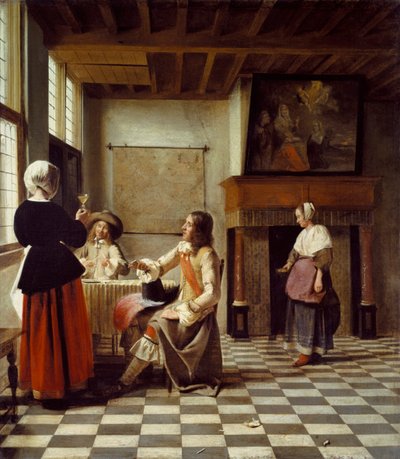 Egy belső tér, egy nővel, aki két férfival iszik, és egy szolgálólányral alkotó: Pieter de Hooch
