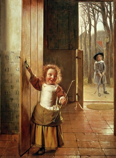 Gyerekek az ajtóban „Golf” botokkal, 1658-60 körül alkotó: Pieter de Hooch
