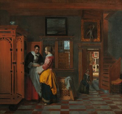 Belső nőkkel egy vászonszekrény mellett alkotó: Pieter de Hooch