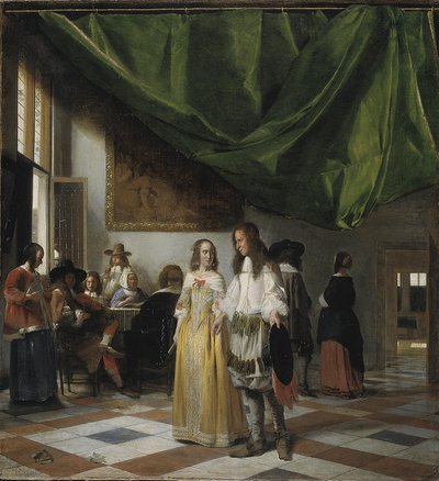 Belső egy fiatal párral és zenélő emberekkel alkotó: Pieter de Hooch