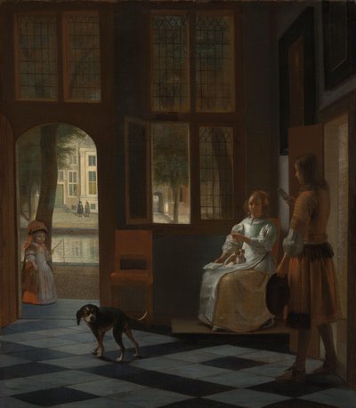 Férfi levelet ad át egy nőnek egy ház előszobájában alkotó: Pieter de Hooch