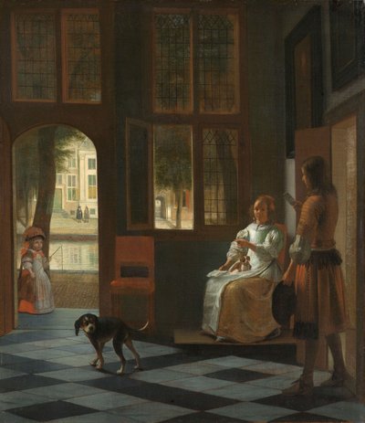 Férfi, aki levelet ad át egy nőnek egy ház előcsarnokában, 1670 alkotó: Pieter de Hooch