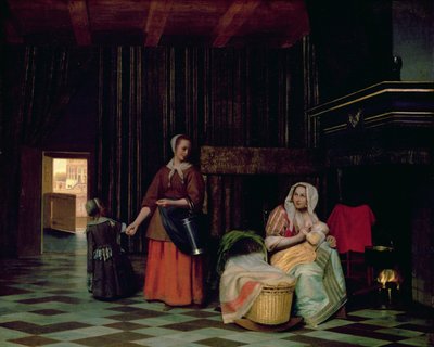Nő csecsemővel, szolgáló szobalány gyermekkel alkotó: Pieter de Hooch