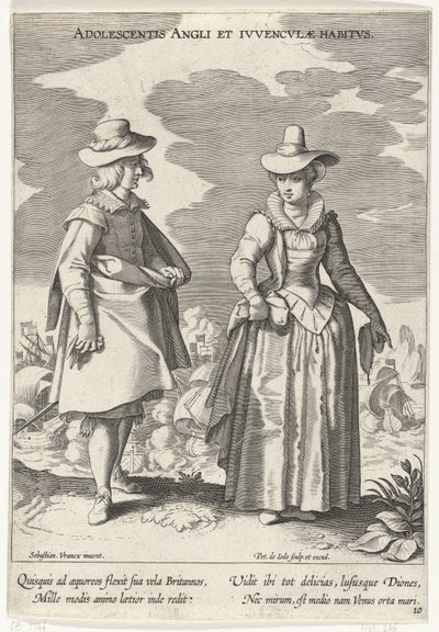 Paar, gekleed volgens de Engelse mód, kb. 1610 Serdülőkori angol és angol szokások (cím a tárgyon) Kostuums uit verschiedelden landen (sorozat címe) Különféle nemzetek díszei (sorozat címe) alkotó: Pieter de Jode (I)