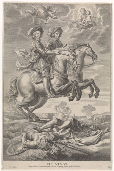 Osztrák Ferdinánd Ferdinánd cseh és magyar királlyal lóháton a nordlingeni győzelemnél A bíboros-csecsemő örömteli belépése Gentben, 1635 (sorozat címe) alkotó: Pieter de Jode (II)