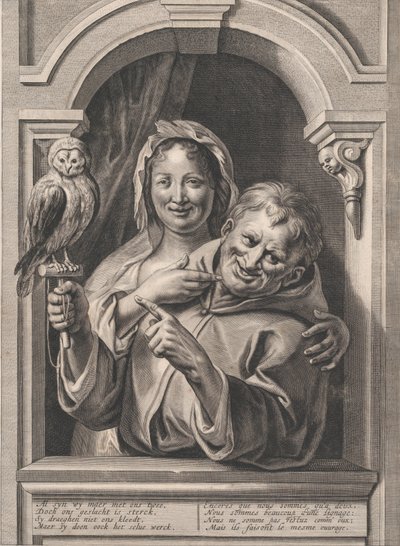 Bolond bagollyal és nő az ablakban, 17. század. alkotó: Pieter de Jode II