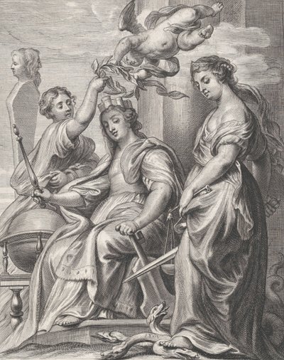 A jó kormányzás allegóriája, középen ülve, és egy puttó és egy jaj koronázza meg, kb. 1640-74. alkotó: Pieter de Jode II
