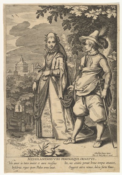 Milánó férfi és női díszek, a Fashions of Different Nations.n.d. alkotó: Pieter de Jode I