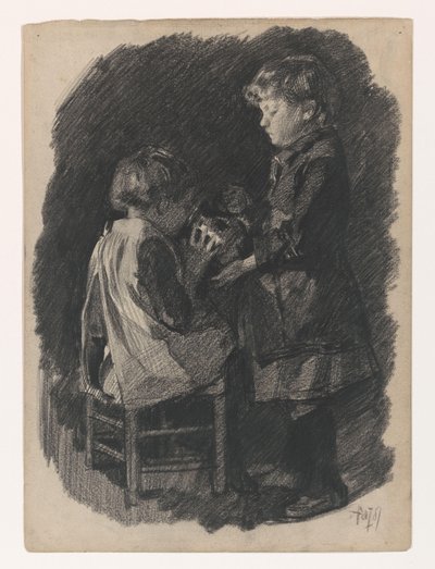 Egy kislány megissza egy nővérét egy kancsóból alkotó: Pieter de Josselin