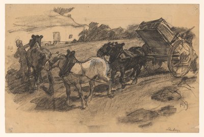 Három lóból álló vonat egy kocsi előtt egy lejtős mezőgazdasági területen Limburgban alkotó: Pieter de Josselin