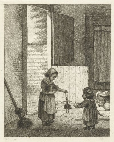 Két lány játszik egy babával alkotó: Pieter de Mare