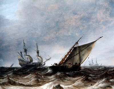 Egy Smalschip és egy Man-of-War hullámzó tengeren (olaj a panelen) alkotó: Pieter the Elder Mulier