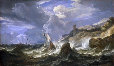Hajótörés a viharban, sziklás partvidék közelében. Olaj, vászon, 17. század közepe, készítette Pieter Mulier II. az ifjabb (vagy Pietro Mulieribus vagy Pietro Cavaliere Tempesta) (1637-1701). alkotó: Pieter the Younger (1637-1701) Mulier