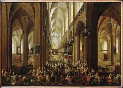 Az antwerpeni Notre-Dame belső terme, Leopold Vilmos főherceget fogadja a káptalan (festmény tölgyfára) alkotó: Pieter the Younger Neefs