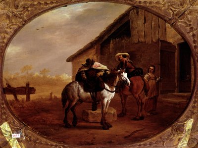 Indulás a szállodából Két lovas lovagol, miután megállt egy fogadóban. Pieter Van Laer festménye dit Bamboccio (BAmboche ou Bamboots) (1592/5-1642) (ec.holl.) 17. század V. 32x43 cm Párizs, musee du Louvre - Indulás a fogadóból, Piet mellett alkotó: Pieter van Laar