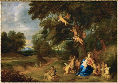 Szent Mária a kis Jézussal, Keresztelő Szent János és angyalok (festmény tölgyfára) alkotó: Pieter van Avont