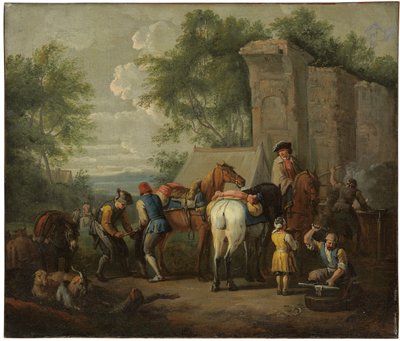 Katonai kovács lovakat patkoló egy rom mellett alkotó: Pieter van Bloemen