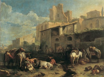 Utazók és különféle állatok állnak meg egy kocsma előtt, a háttérben római romokkal alkotó: Pieter van Bloemen