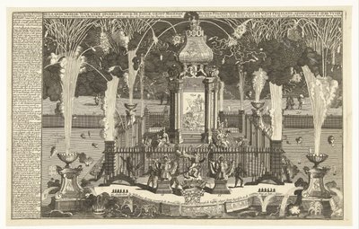 Tűzijáték az utrechti béke tiszteletére, 1713 Holland béketűzijáték, amelyet Hollandia Noble Groot Mogende Heeren államai és Nyugat-Frízföld állítottak fel, a folyóba lőttek Hágába (...) (cím a tárgyon) alkotó: Pieter van Buysen jr.