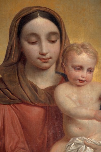 Belülnézet, "Szűzanya gyermekével rózsafüzérrel" festmény, P. Van Hanselaere oltárképe a főoltáron alkotó: Pieter van Hanselaere