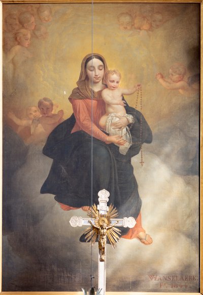 Belülnézet, "Miasszonyunk gyermekével rózsafüzérrel" festmény, Pierre Van Hanselaere oltárképe a főoltáron alkotó: Pieter van Hanselaere