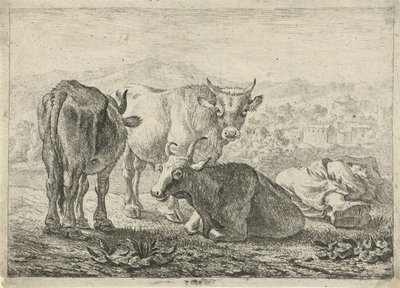 Német: Drei Rinder und ein schlafender Hirte
Francia: Les boeufs
Három marha és egy alvó pásztor alkotó: Pieter van Laer