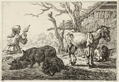 Disznók és szamarak egy istállóban, balra egy fonónő alkotó: Pieter van Laer