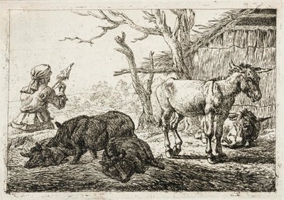 Disznók és szamarak egy istállóban, balra egy fonónő alkotó: Pieter van Laer