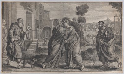 Látogatás, Szent Erzsébet átöleli a Szűzanyát a középpontban, miközben Szent József sétál..., kb. 1656-60 alkotó: Pieter van Lisebetten