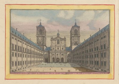 Kilátás az udvarra és a San Lorenzo-templom bejáratára az Escorialban Az Escurial első és fő udvara (cím az objektumon) Theatrum Hispaniae (...) (sorozat címe) alkotó: Pieter van den Berge