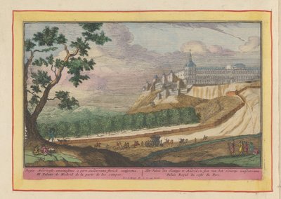 Kilátás a madridi királyi palotára A madridi királyi palota a Guadarrama folyó felől nézve (cím a tárgyon) Theatrum Hispaniae (...) (sorozat címe) alkotó: Pieter van den Berge