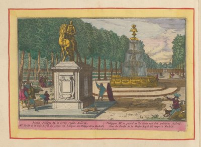 Fülöp lovas szobra a madridi palota kertjében II. Fülöp lóháton, a madridi palota kertjében (cím a tárgyon) Theatrum Hispaniae (...) (sorozat címe) alkotó: Pieter van den Berge