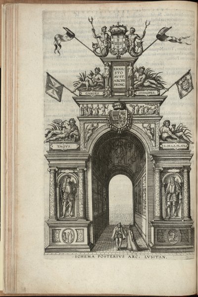 Tejo, Plata, Gangesz és Hydaspes folyók. A portugál diadalív hátlapja, Ernst osztrák főherceg Antwerpenbe való belépése, 1595-ben megjelent (metszet) alkotó: Pieter van der Borcht