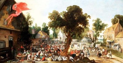 Ünnepet ünneplő parasztok egy falu utcájában alkotó: Pieter van der Hulst