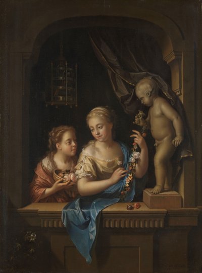 Két lány virágokkal Ámor szobra mellett Két lány virágokkal Ámor szobránál alkotó: Pieter van der Werff
