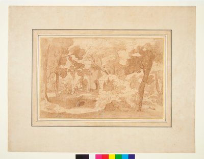 Táj egy romos épülettel a fák között (toll és barna tinta és barna mosás) alkotó: Pietro Testa