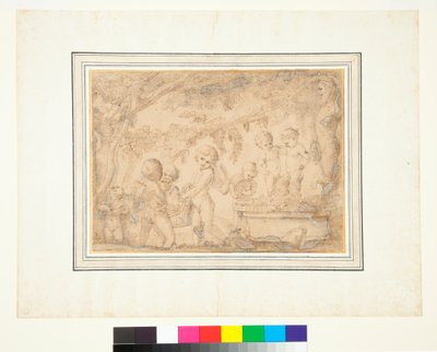 Putti és Infant Satyrs szőlőpréselés (toll és barna tinta és barna mosás) alkotó: Pietro Testa