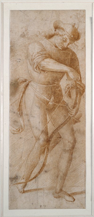 Egy fiatal férfi felfűzi az íját (toll és barna tinta fehér papíron) alkotó: Pietro (follower of) Perugino