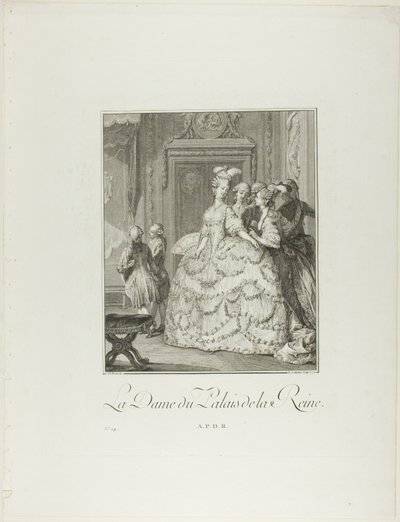 A királynő udvarhölgye, a Monument du Costume Physique et Moral de la fin du Dix-huitième siècle című kötetből alkotó: Pietro Antonio Martini