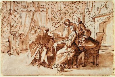 Zenés buli (toll és barna mosás fekete krétával papíron) alkotó: Pietro Antonio Novelli