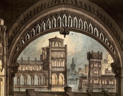 A „La Straniera” szcenográfiája, Vincenzo Bellini, a torinói Carignano színházban (toll, tinta és akvarell papíron) alkotó: Pietro Bertoja
