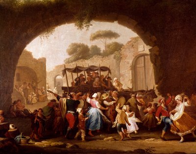 Táncos jelenet és népszerű buli Nápolyban. Tarantella táncosok (tarantella, tarantella). Pietro Fabris festménye (aktív 1763 és 1776 között) 18. századi Nápoly, Museo Nazionale di San Martino alkotó: Pietro Fabris