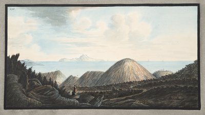 Az 1760-as robbanás által emelt kis hegy jelenlegi állapotának képe, XIII. tábla, a „Campi Flegrei: Észrevételek a két Szicília vulkánjairól” című művéből, Sir William Hamilton alkotó: Pietro Fabris