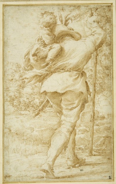 Szent Kristóf szállítja a Krisztus Gyermeket (toll és barna tinta fehér papíron) alkotó: Pietro Faccini