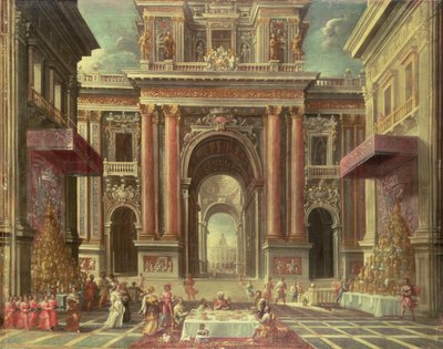 Pompás lakoma egy barokk palota udvarán (olaj, vászon) alkotó: Pietro Francesco Garoli